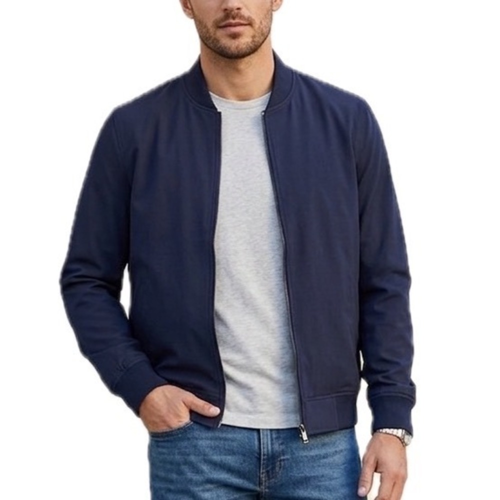 Express Mens Navy Blue Full Zip Bomber Jacket Large Midweight Ribbed Trim